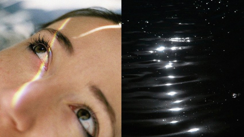 A photo of a woman's eye and a photo of water.