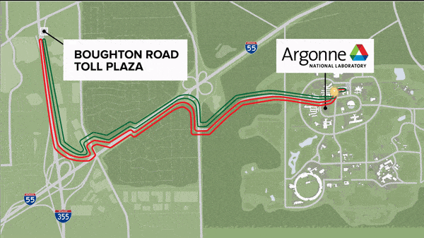 Scientists from Argonne National Laboratory and the University of Chicago entangled photons (light particles) across the quantum loop, a 52-mile fiber optic network in the Chicago suburbs. The animation shows entanglement created and distributed through pair of 26-mile loops from Argonne National Laboratory in Lemont, IL to the I-355 Boughton Road Toll Plaza in Bolingbrook, IL, and back again. Image courtesy of Argonne National Laboratory.