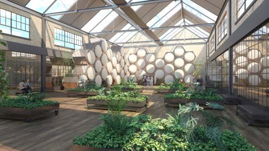 A vision of a Recompose facility in Seattle. Recompose is experimenting with “human composting” and alternative
