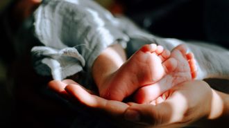 An adult hand holding a baby's feet