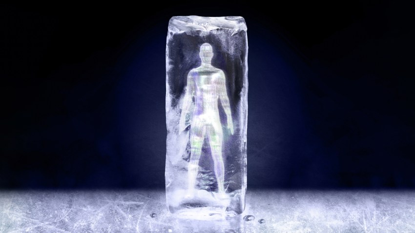 An ice cube with a person inside of it.