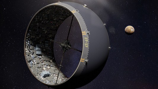 an artist's rendering of an orbiting spacecraft near an asteroid.