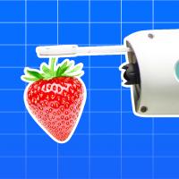 a robot is holding a strawberry on a blue background.