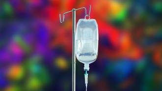An IV bag with a psychedelic background