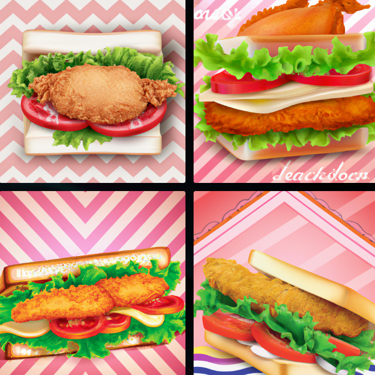 four images of chicken sandwiches on pink-striped backgrounds