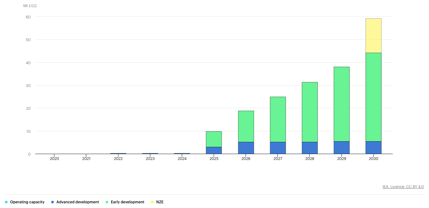 A chart showing the direct CO2 removal projects operating or in development, as well as the gap we need to close by 2030 to stay on track for its Net Zero Emissions by 2050 scenario