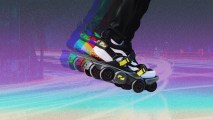 A foot wearing a Moonwalker shoe on a colorful background