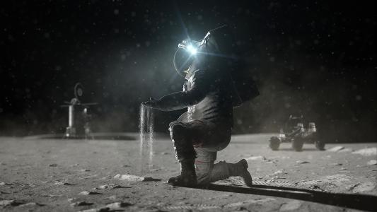 an illustration of an astronaut on the moon holding lunar dust