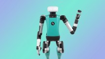 a humanoid robot waving its hand on a colorful background