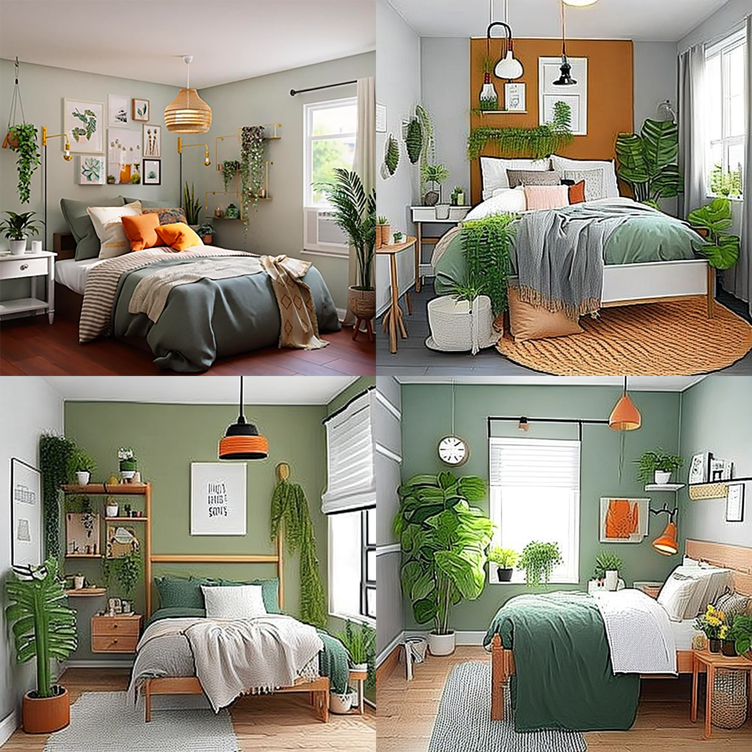 a grid of four images of a bedroom