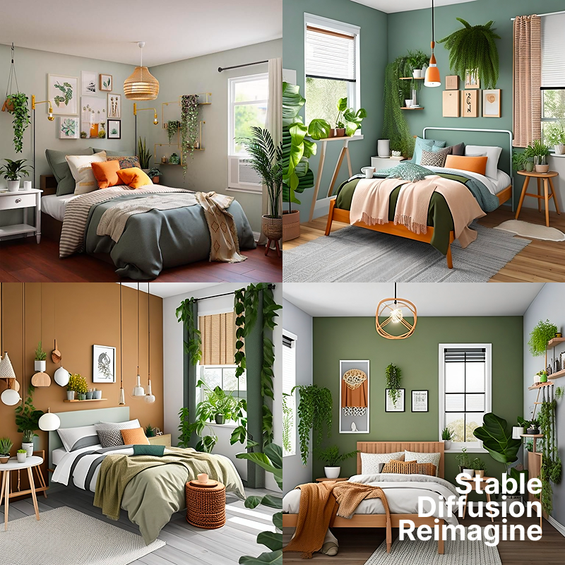 a grid of four images of a bedroom
