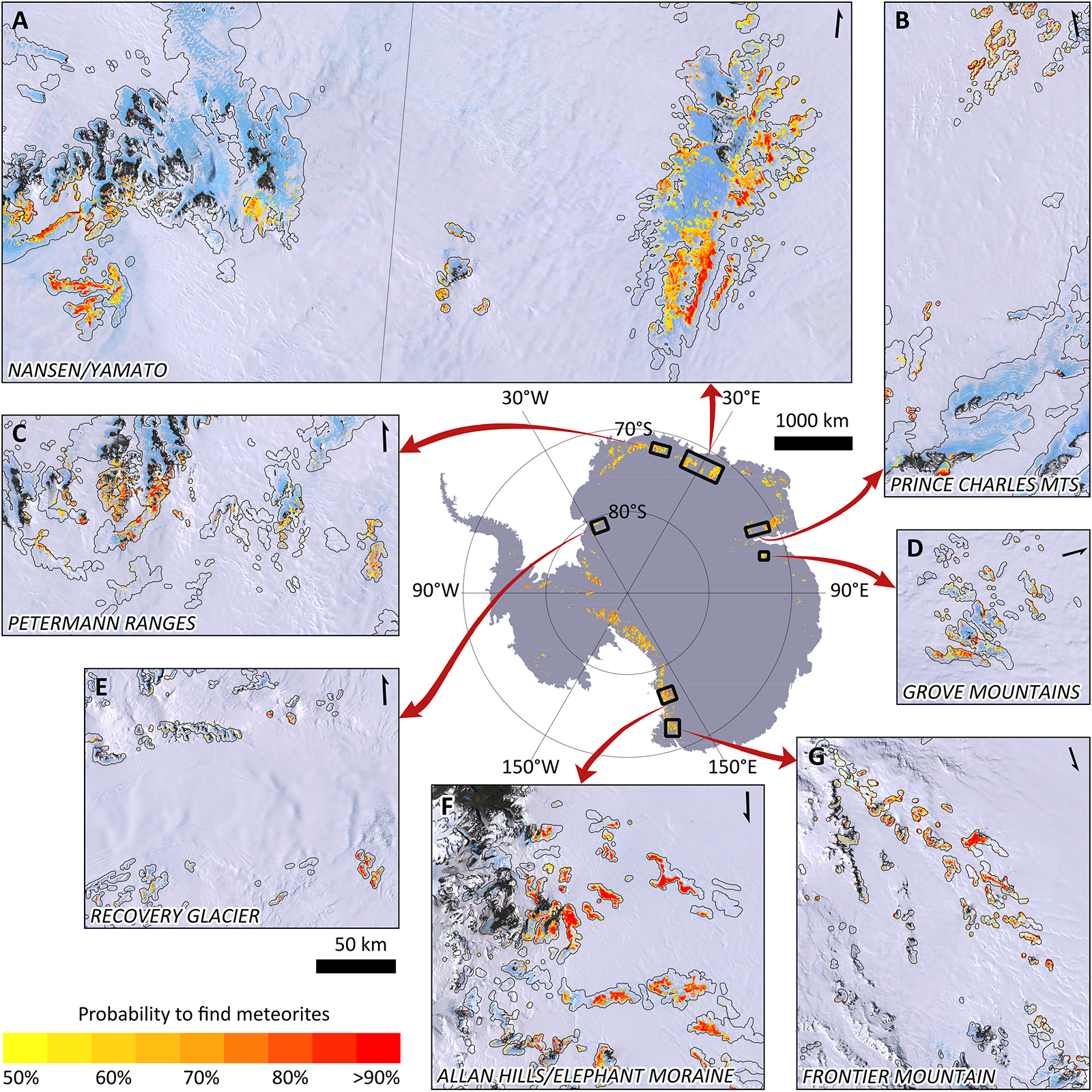 a map of Antarctica with certain areas highlight with bold colors