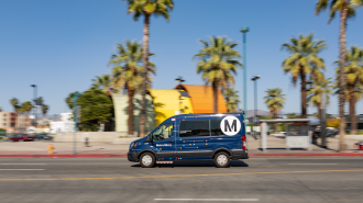 a van on a road flanked by palm trees