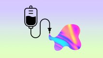an IV with a psychedelic-colored drip