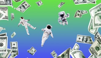 an illustration of astronauts floating with paper money