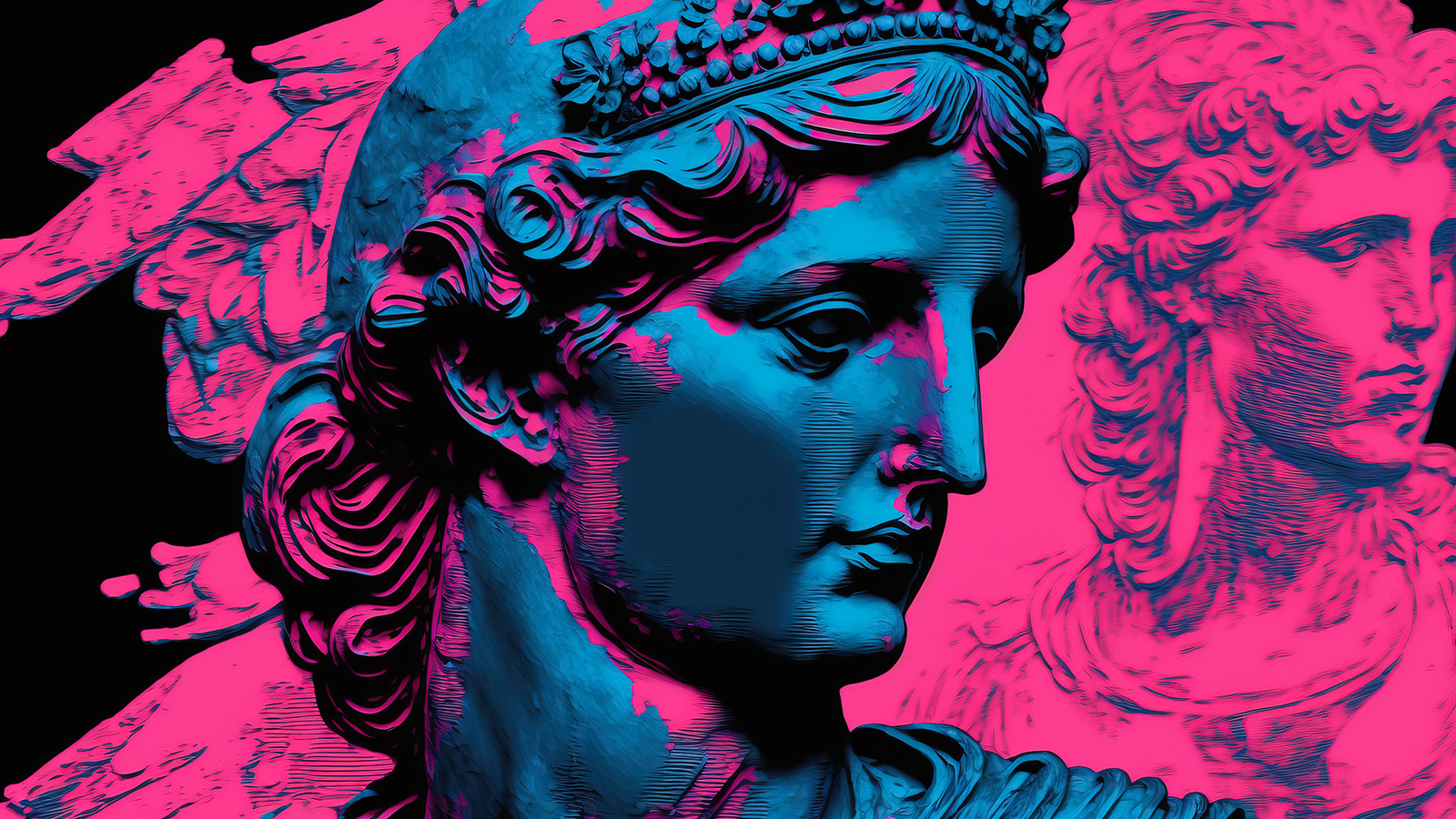 an antique statue in vaporwave and cyberpunk style with deep blues and hot pinks