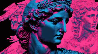 an antique statue in vaporwave and cyberpunk style with deep blues and hot pinks