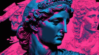 an antique statue in vaporwave and cyberpunk style with deep blues and hot pinks