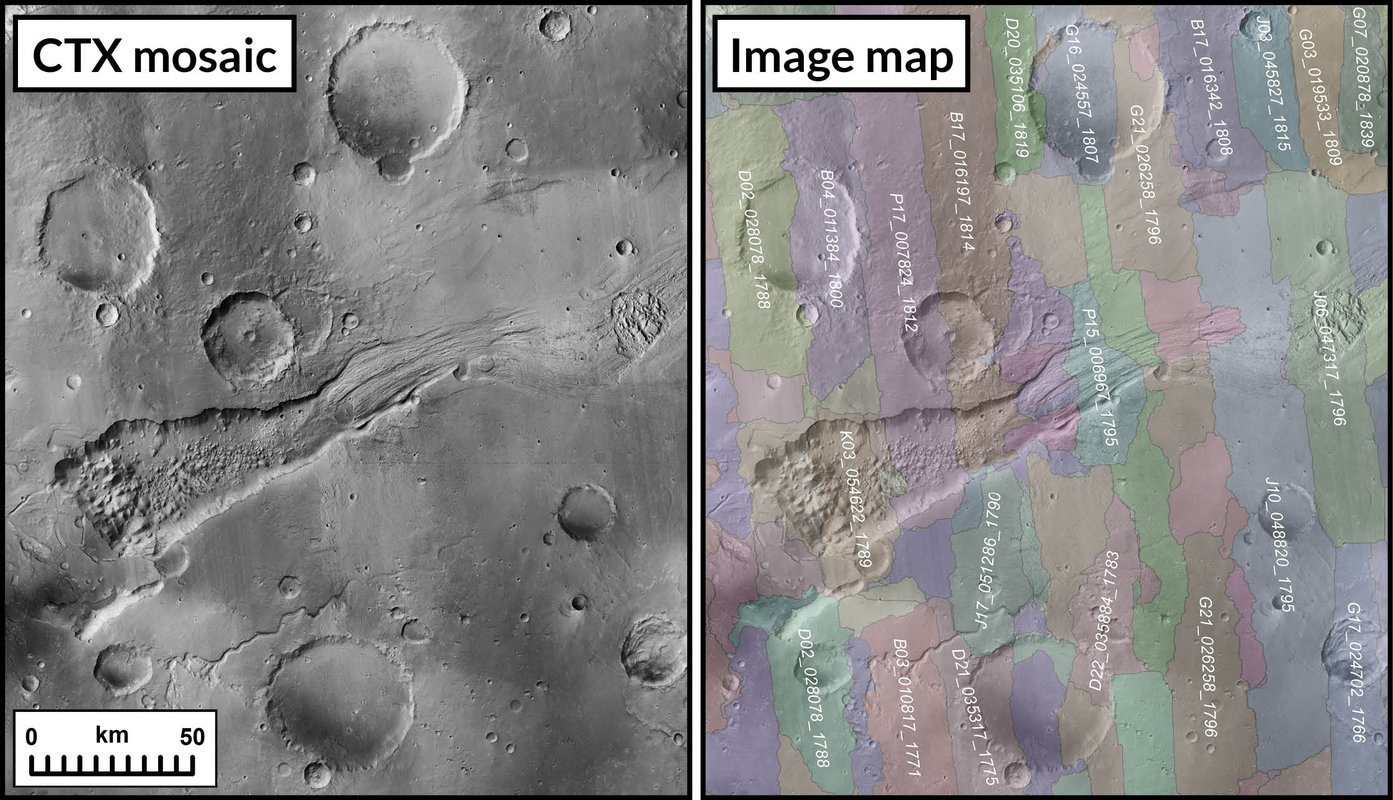 On the left is a closeup of the surface of Mars. On the right in the same area broken into segments to show what images were used to create the whole.
