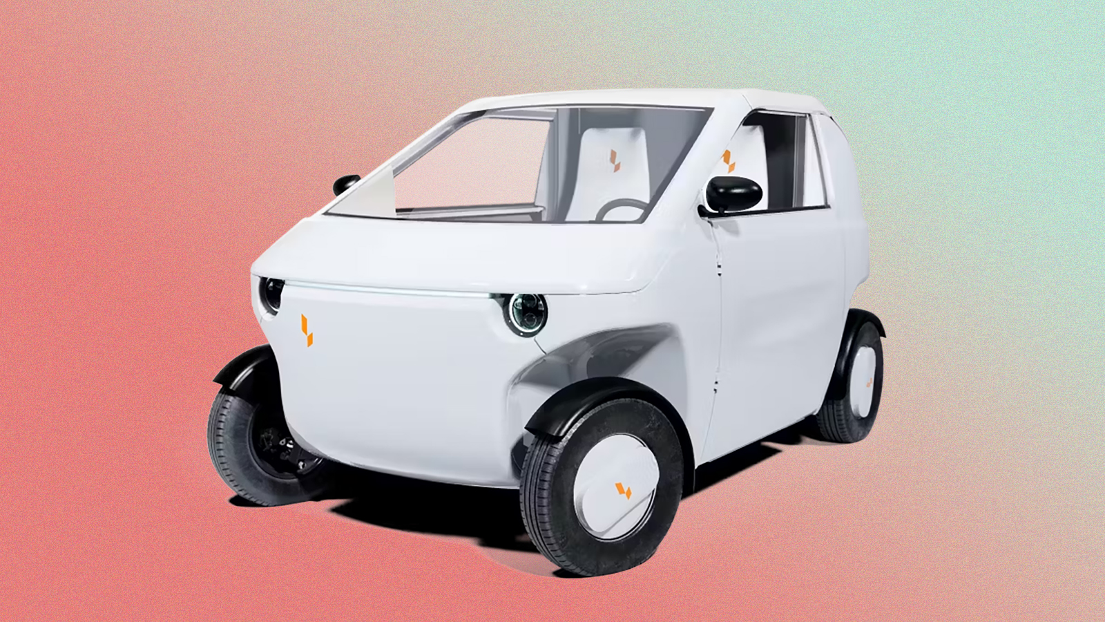 an all-white, two-door car on a colorful background