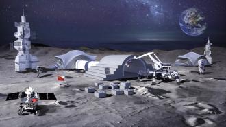 a rendering of a base on the moon, with robots constructing buildings