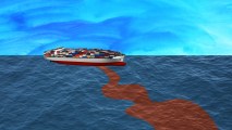 an illustration of a ship on the water trailing a red substance