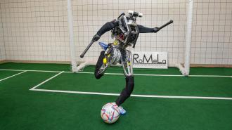a humanoid robot in front of a soccer goal about to kick a soccer ball