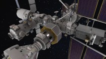 a rendering of a space station with windows and solar panels