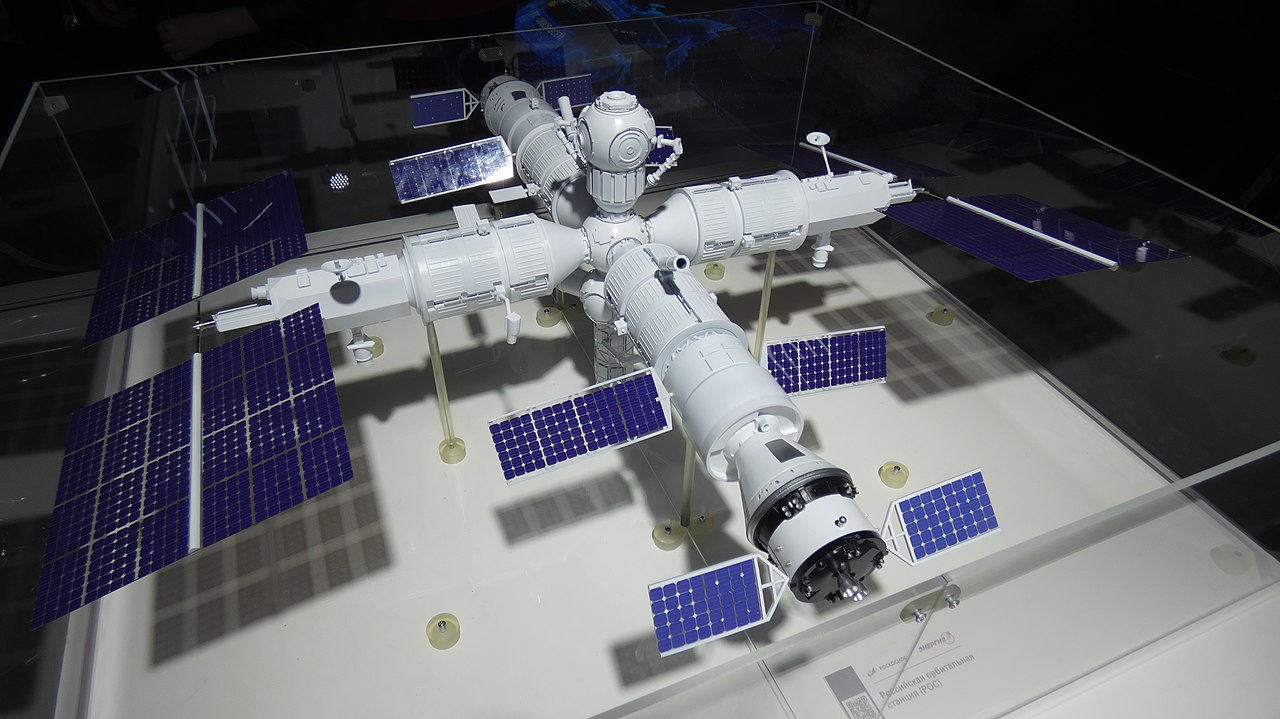 A small model of the mostly white ROSS space station