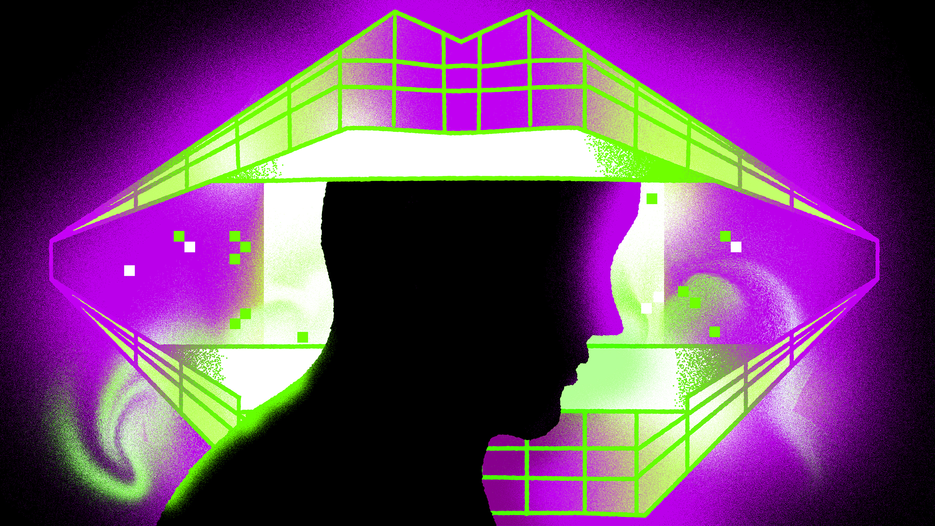 a silhouette of a man in front of a purple background.