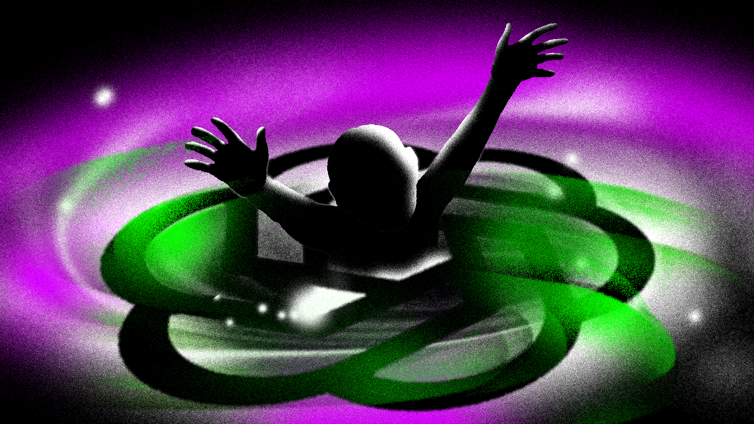 a stylized image of a person reaching up into the air.