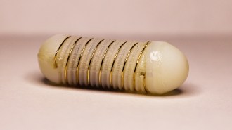 a close up of a pill with a spiral of wire around it