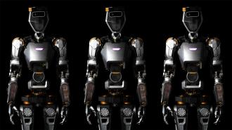 an image of three humanoid general purpose robots from the thighs up