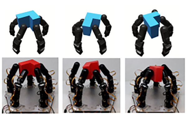 a grid showing three robot hands manipulating an object in a computer simulation and three in real life