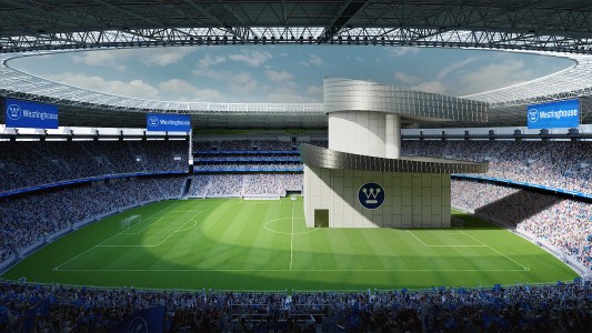 a rendering of a building in a soccer stadium taking up about one-fourth of the pitch