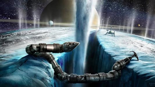 an illustration of a snake robot on an icy moon with geysers shooting up in the background