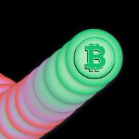 a green, pink, and blue bitcoin surrounded by a black background.