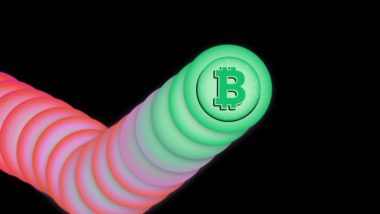 a green, pink, and blue bitcoin surrounded by a black background.