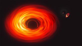 an illustration of a black hole. a black circle is surrounded by a spiral of red and orange