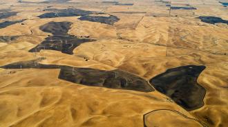 An aerial view of a dry landscape undergoing prescribed burns.