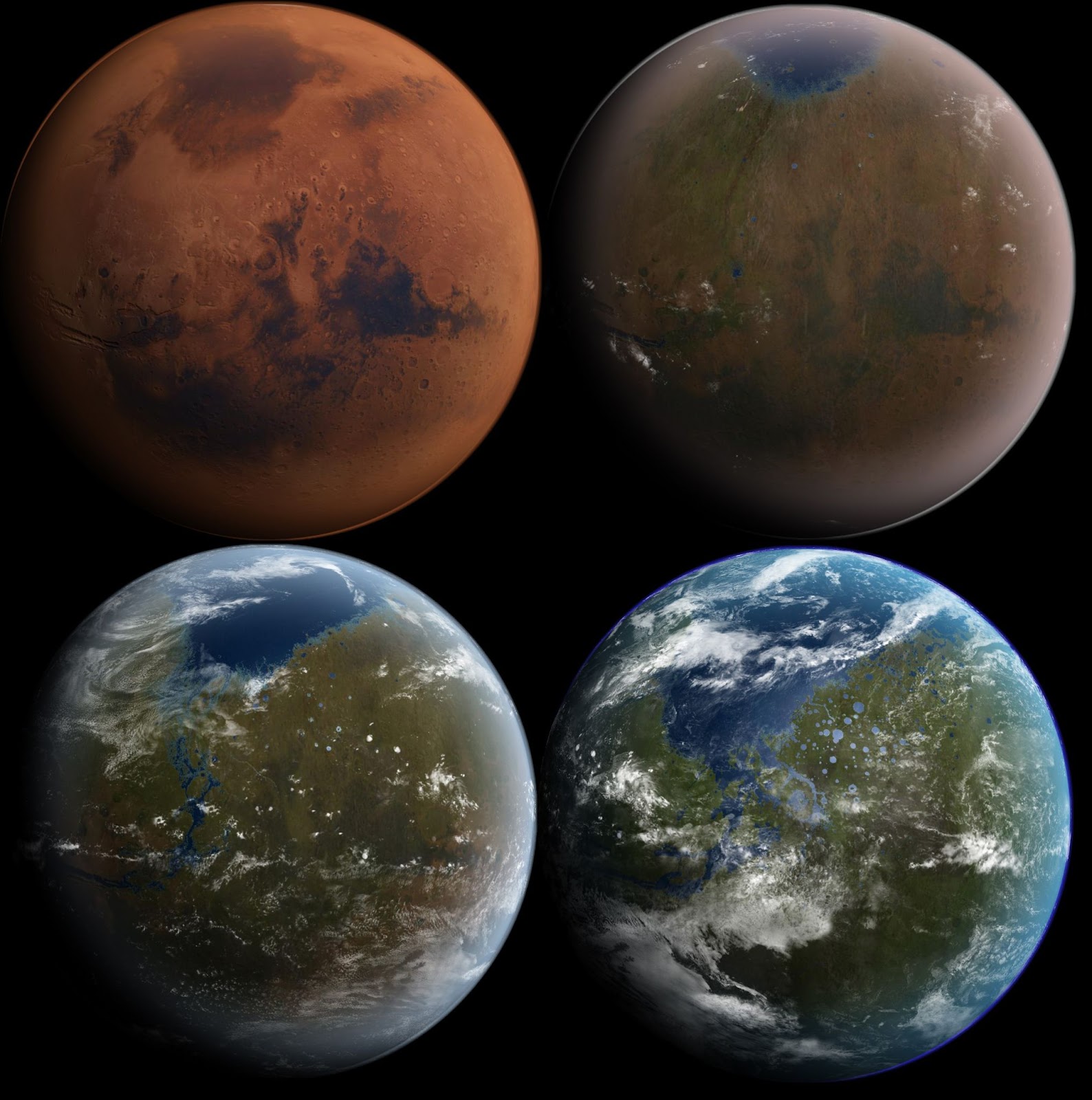 An artist rendering of four versions of Mars, each more Earth-like than the last