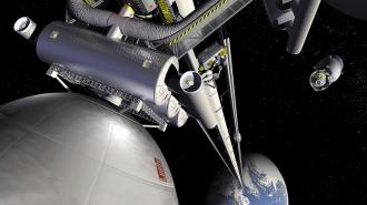 an illustration of a space elevator. Earth is at the bottom, a space station is at the top, and a tether with robots attached spans between the two