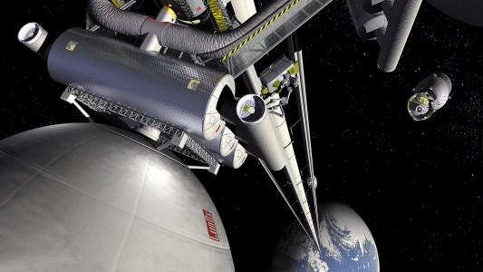 an illustration of a space elevator. Earth is at the bottom, a space station is at the top, and a tether with robots attached spans between the two