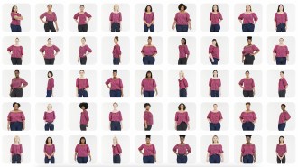a grid of models of various shapes and size wearing the same shirt