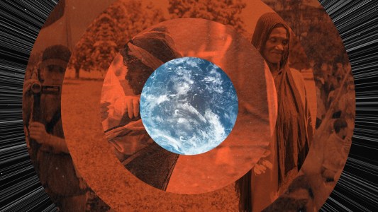 a photo of a woman and a man in a circle with the earth in the middle.