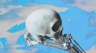 a robot is holding a skull in front of a blue sky.