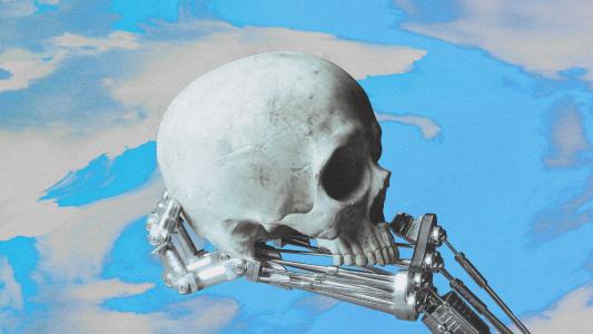 a robot is holding a skull in front of a blue sky.