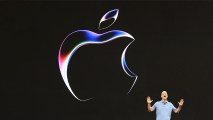 Using generative AI, a man is standing in front of an Apple logo.