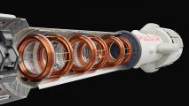 A 3D rendering of a fusion rocket spacecraft.