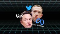 Elon Musk and Mark Zuckerberg's faces with the words The New York Times and Vox, alongside Twitter and Meta's logos.